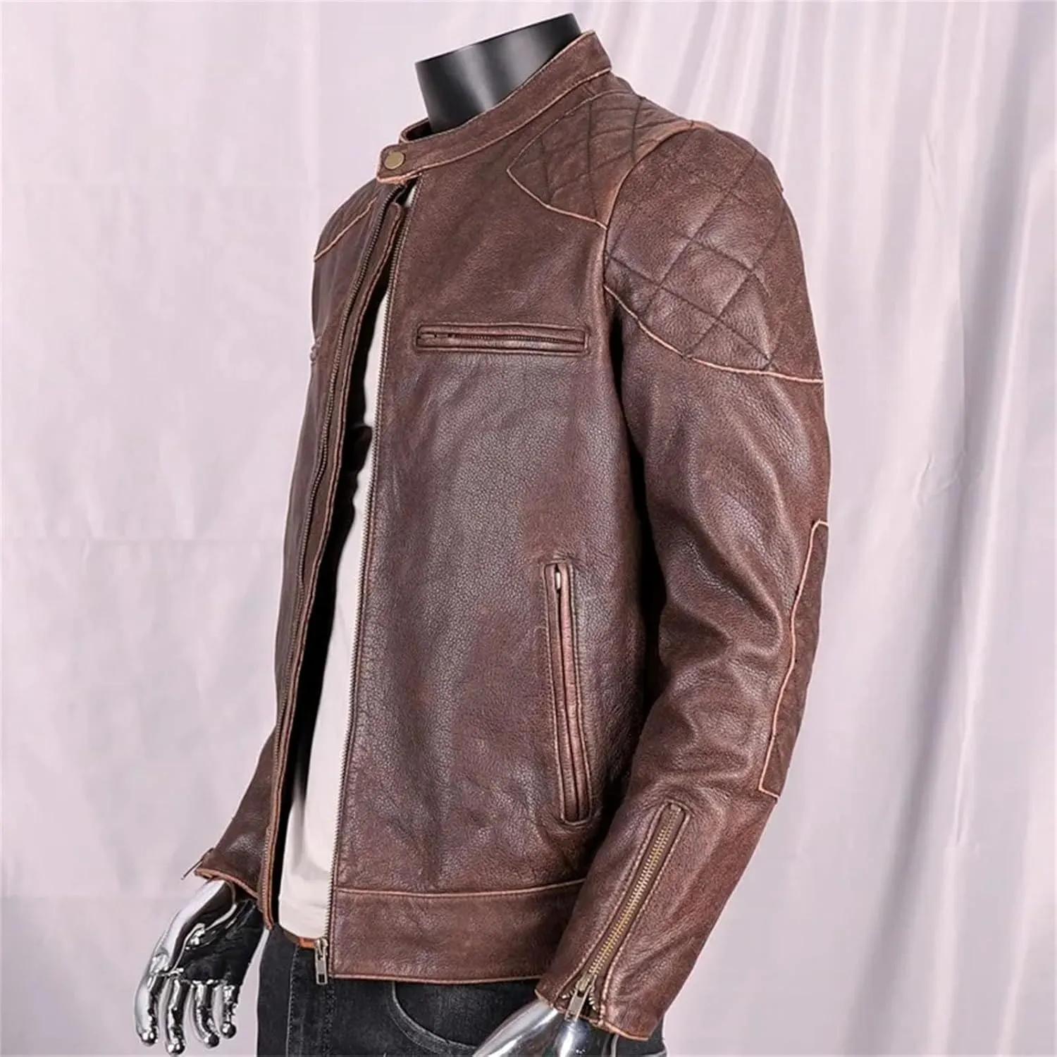 Men’s Cowhide Leather Jacket Stand Collar Cool Weather Motorcycle Coat
