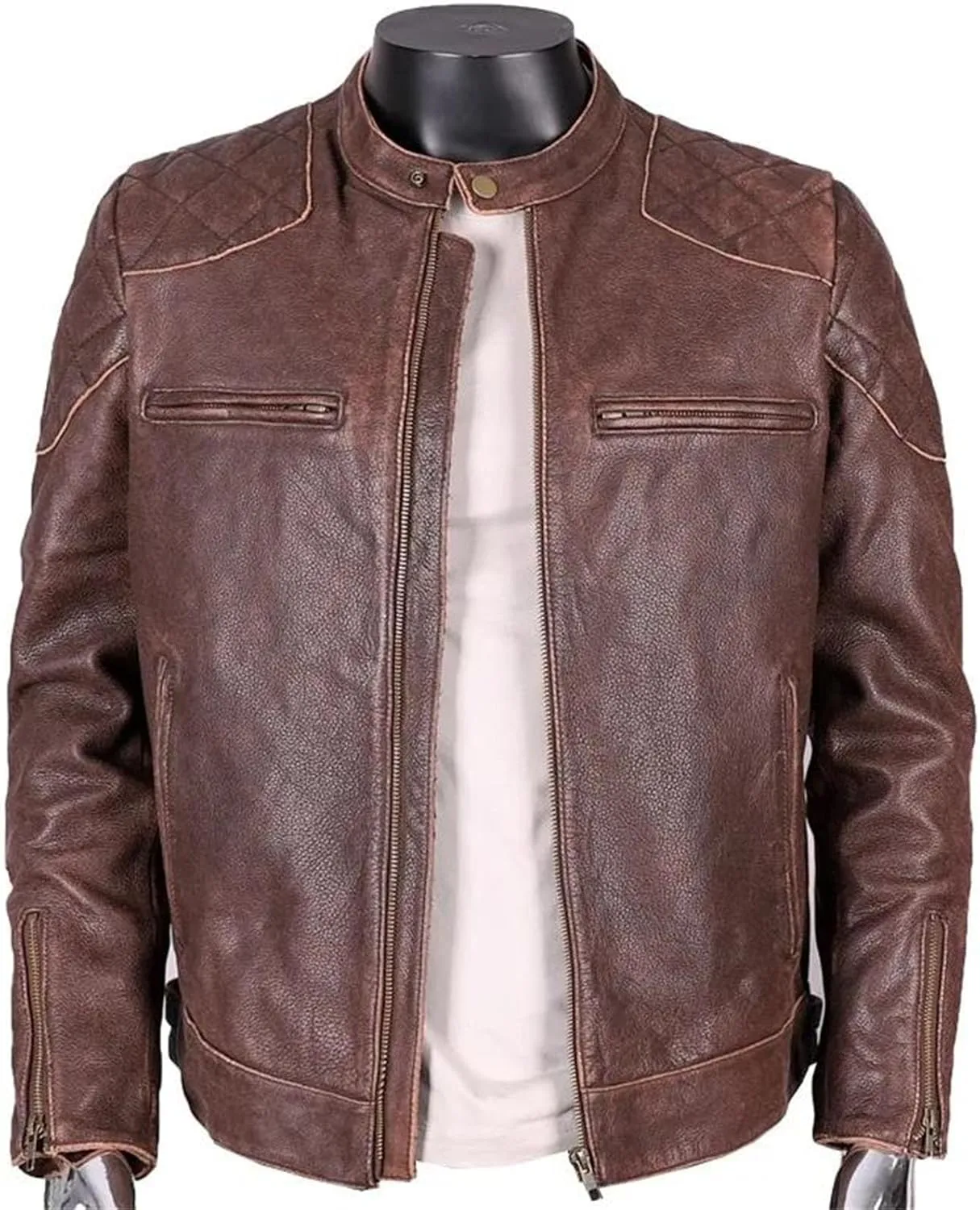 Men’s Cowhide Leather Jacket Stand Collar Cool Weather Motorcycle Coat
