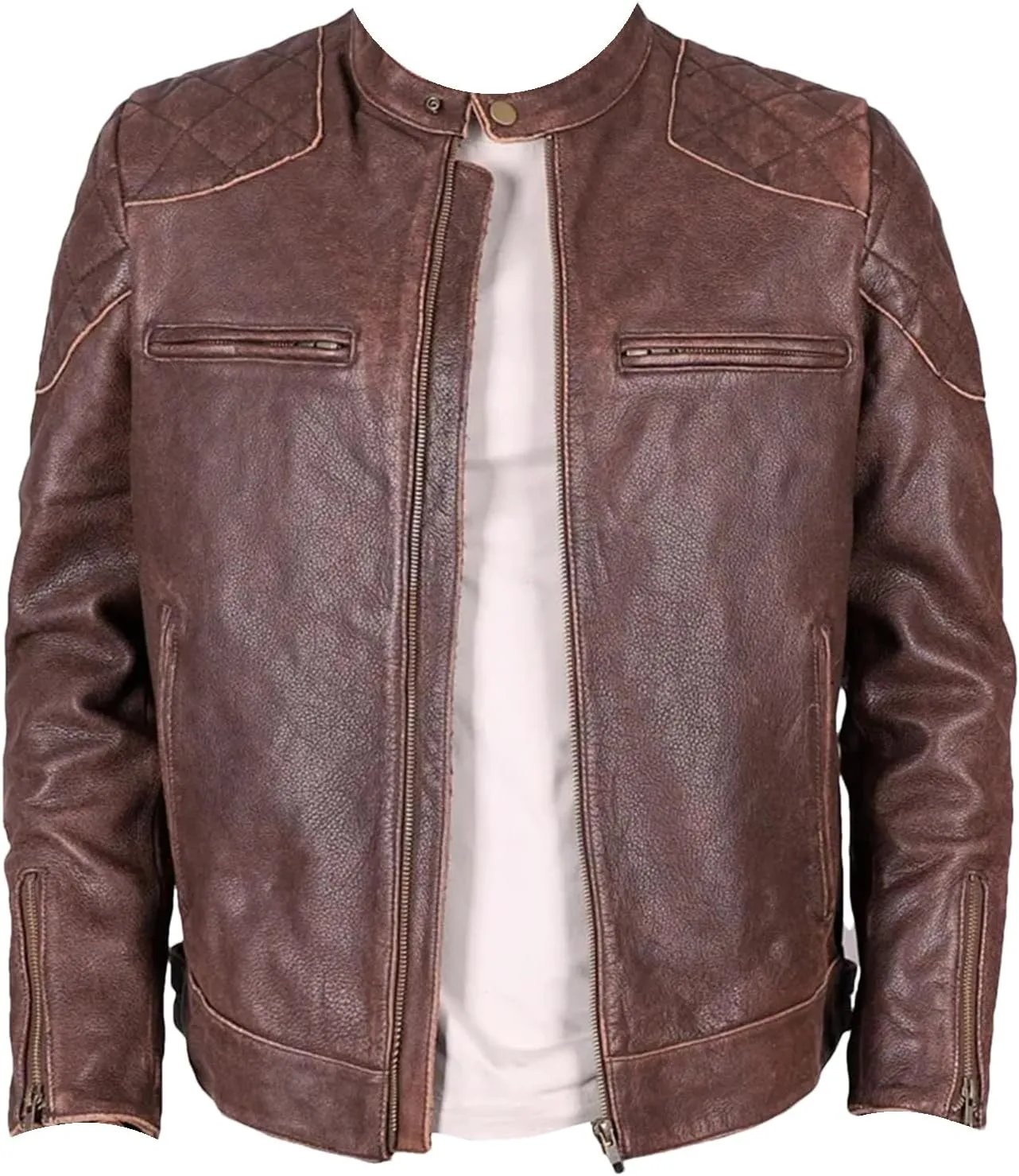 Men’s Cowhide Leather Jacket Stand Collar Cool Weather Motorcycle Coat