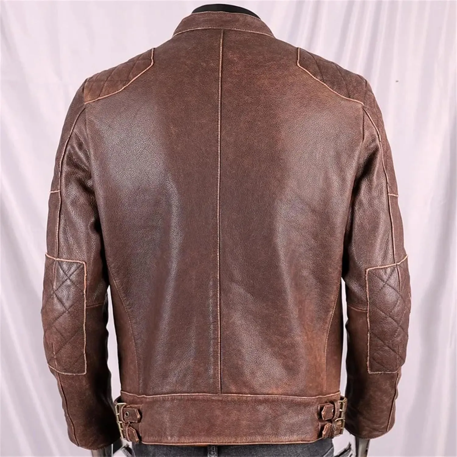 Men’s Cowhide Leather Jacket Stand Collar Cool Weather Motorcycle Coat