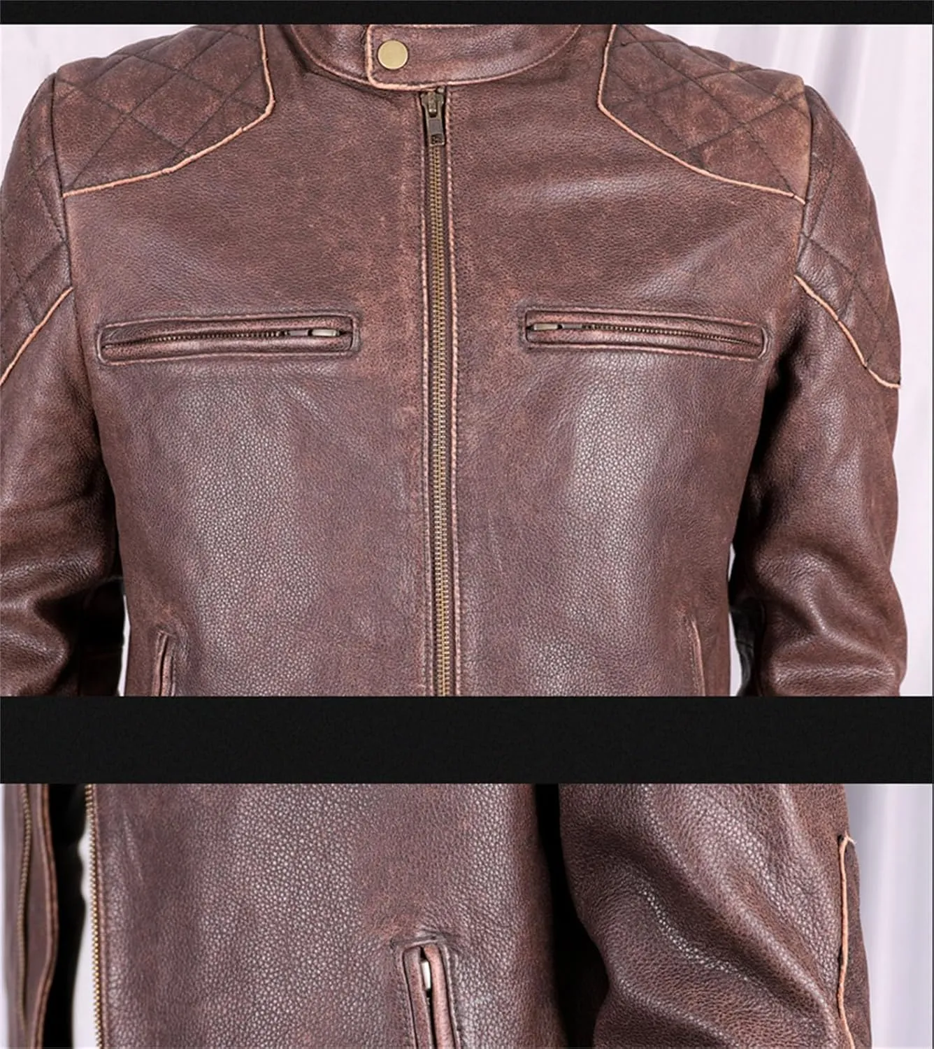 Men’s Cowhide Leather Jacket Stand Collar Cool Weather Motorcycle Coat