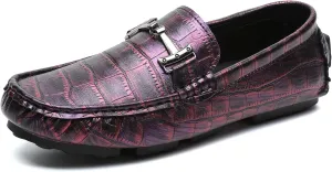 Men's Driving Loafers Casual Penny Loafers Metallic Leather Crocodile Pattern Slip-On Moccasins with Metal Buckle Soft Work Boat Shoes