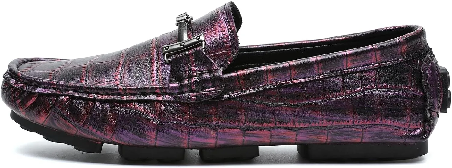 Men's Driving Loafers Casual Penny Loafers Metallic Leather Crocodile Pattern Slip-On Moccasins with Metal Buckle Soft Work Boat Shoes