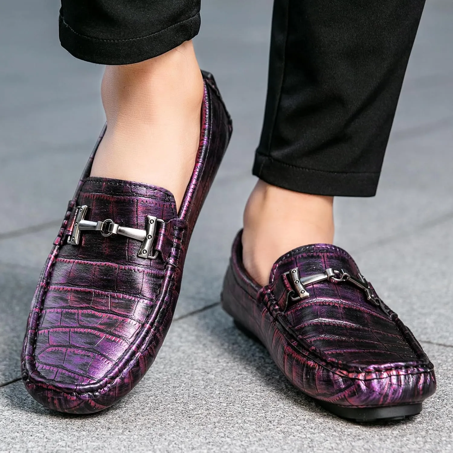 Men's Driving Loafers Casual Penny Loafers Metallic Leather Crocodile Pattern Slip-On Moccasins with Metal Buckle Soft Work Boat Shoes