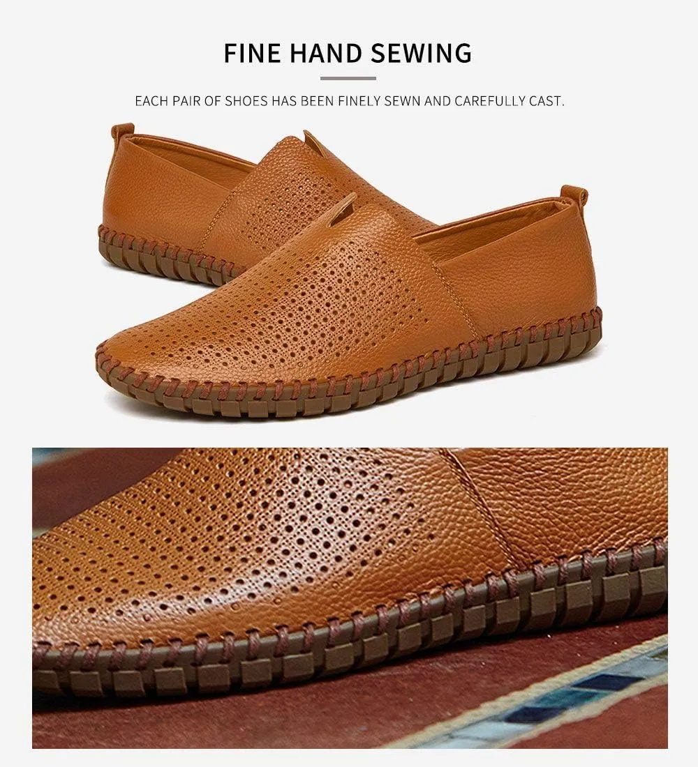 Men's Genuine Leather Loafer Shoes Slip On Soft Walking Shoes Perforated Driving Shoes