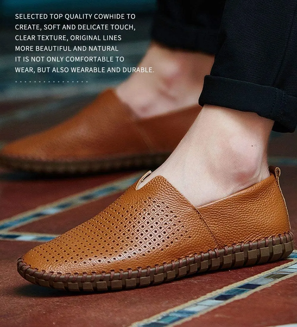 Men's Genuine Leather Loafer Shoes Slip On Soft Walking Shoes Perforated Driving Shoes