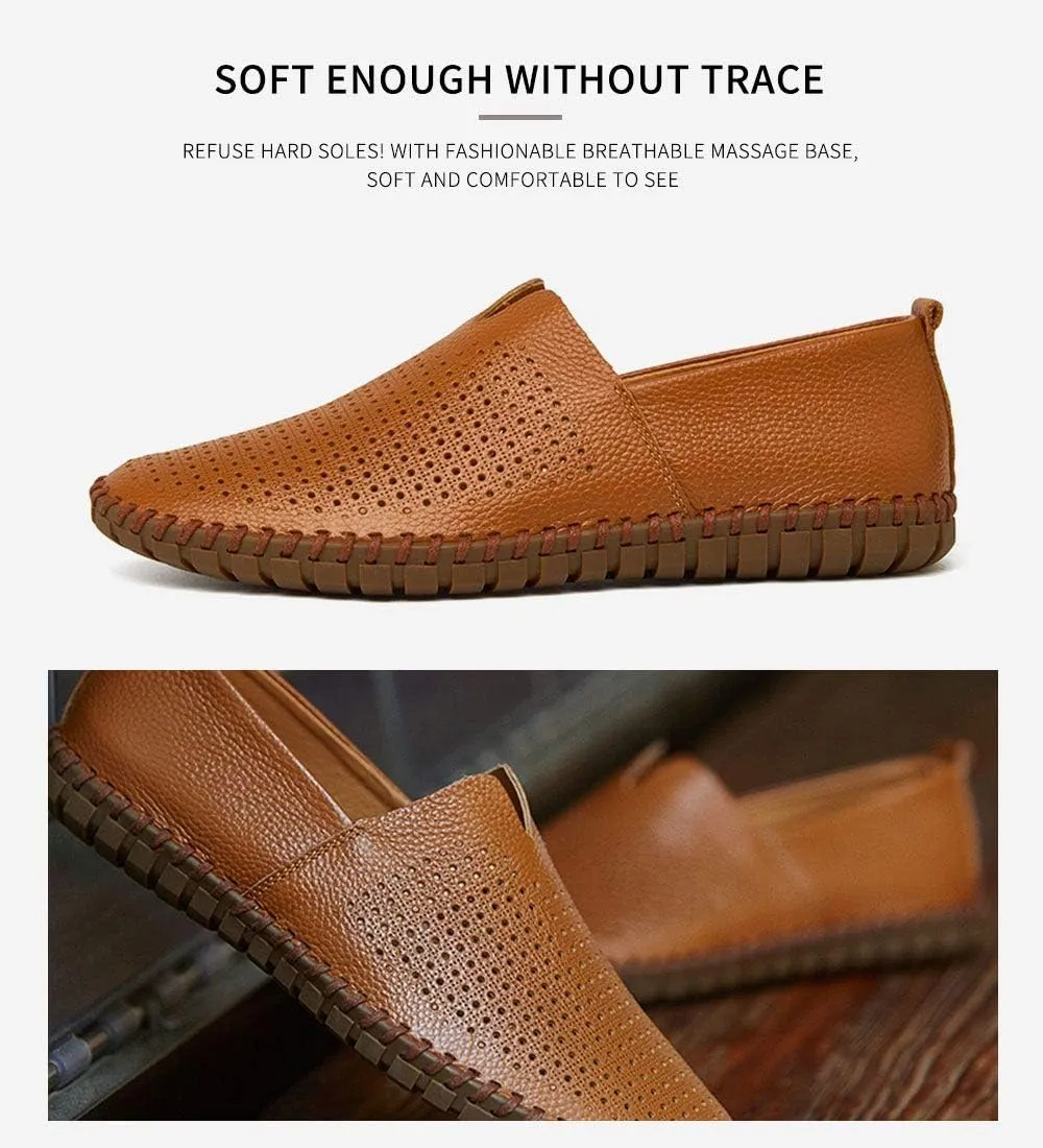 Men's Genuine Leather Loafer Shoes Slip On Soft Walking Shoes Perforated Driving Shoes