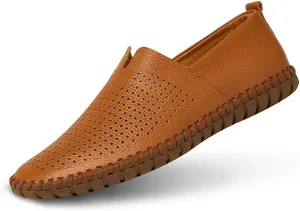 Men's Genuine Leather Loafer Shoes Slip On Soft Walking Shoes Perforated Driving Shoes