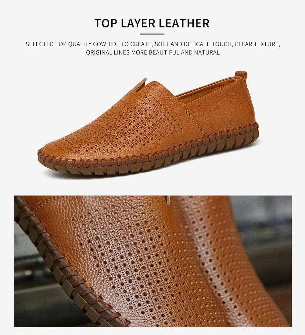 Men's Genuine Leather Loafer Shoes Slip On Soft Walking Shoes Perforated Driving Shoes