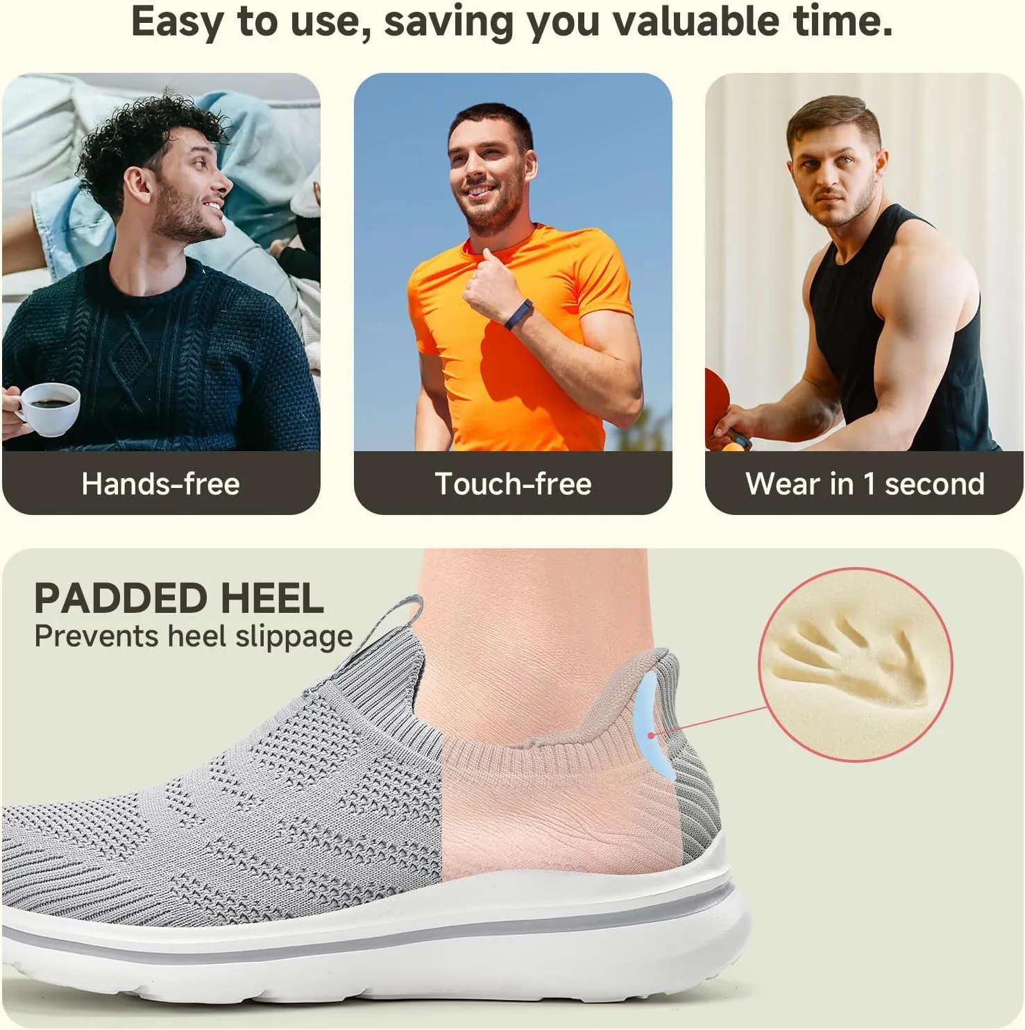 Men's Hands-Free Slip On Sneakers | Laceless Walking Shoes for Gym/Travel/Office