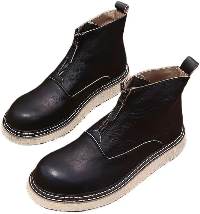 Men's High-top Sneakers Round Toe Comfortable Casual Zipper Design Flat Sole Non-Slip Wear-Resistant Suitable for Daily Travel and Driving Work