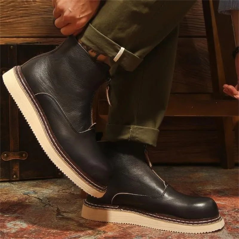 Men's High-top Sneakers Round Toe Comfortable Casual Zipper Design Flat Sole Non-Slip Wear-Resistant Suitable for Daily Travel and Driving Work