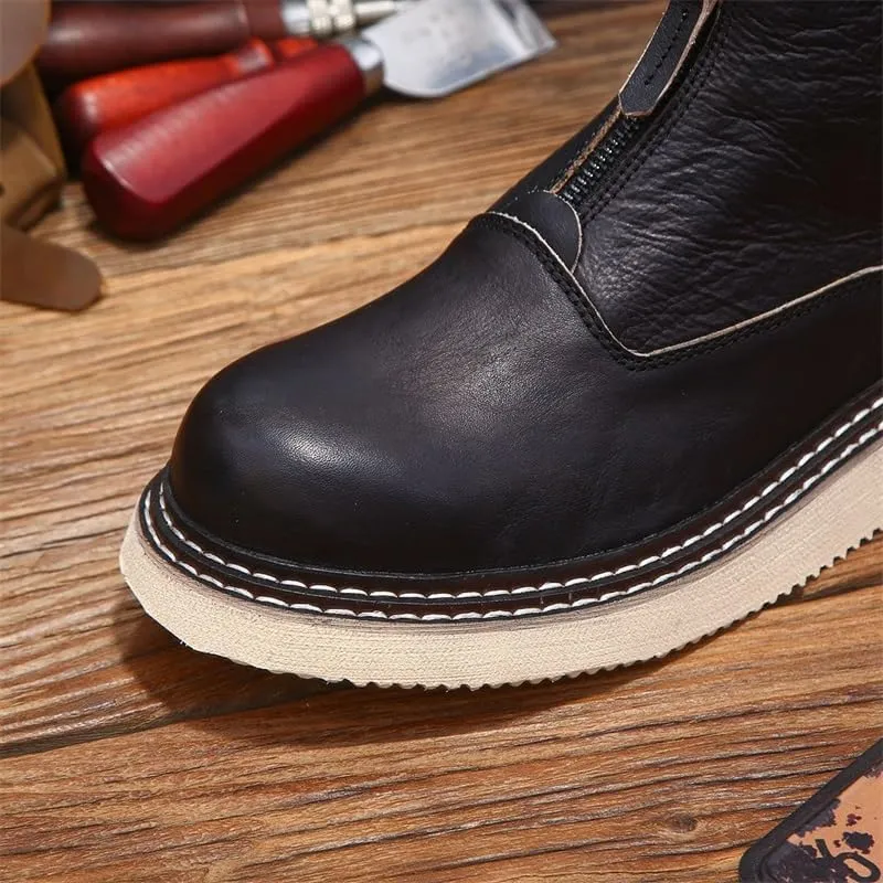 Men's High-top Sneakers Round Toe Comfortable Casual Zipper Design Flat Sole Non-Slip Wear-Resistant Suitable for Daily Travel and Driving Work