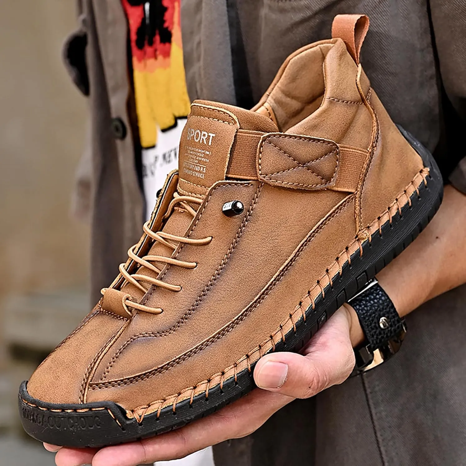 Men's Hook & Loop Hand Stitching Chukka Boots,Lightweight Leather Slip On Loafers Low Hiking Ankle Boots Lace-Up Comfort Non-Slip Boots For Outdoor Camping & Driving Booties