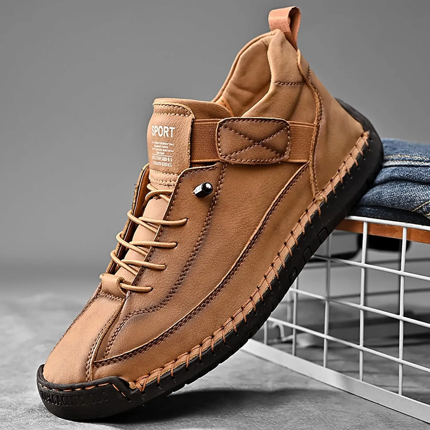 Men's Hook & Loop Hand Stitching Chukka Boots,Lightweight Leather Slip On Loafers Low Hiking Ankle Boots Lace-Up Comfort Non-Slip Boots For Outdoor Camping & Driving Booties