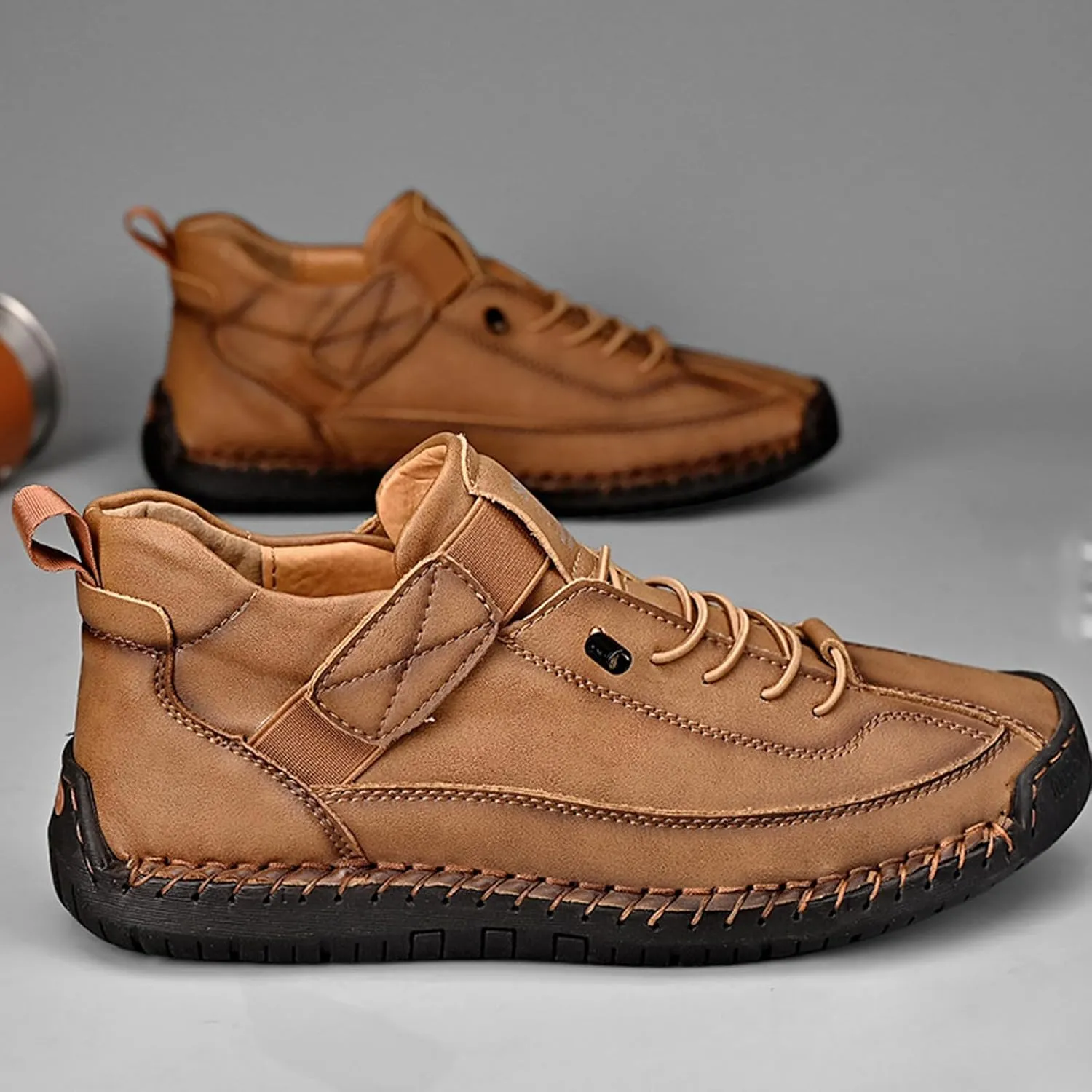 Men's Hook & Loop Hand Stitching Chukka Boots,Lightweight Leather Slip On Loafers Low Hiking Ankle Boots Lace-Up Comfort Non-Slip Boots For Outdoor Camping & Driving Booties