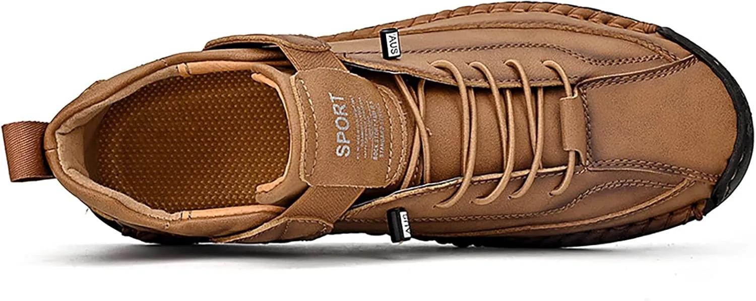 Men's Hook & Loop Hand Stitching Chukka Boots,Lightweight Leather Slip On Loafers Low Hiking Ankle Boots Lace-Up Comfort Non-Slip Boots For Outdoor Camping & Driving Booties