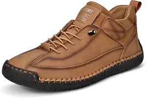 Men's Hook & Loop Hand Stitching Chukka Boots,Lightweight Leather Slip On Loafers Low Hiking Ankle Boots Lace-Up Comfort Non-Slip Boots For Outdoor Camping & Driving Booties