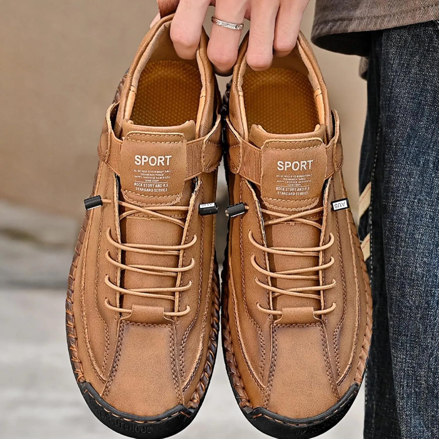 Men's Hook & Loop Hand Stitching Chukka Boots,Lightweight Leather Slip On Loafers Low Hiking Ankle Boots Lace-Up Comfort Non-Slip Boots For Outdoor Camping & Driving Booties