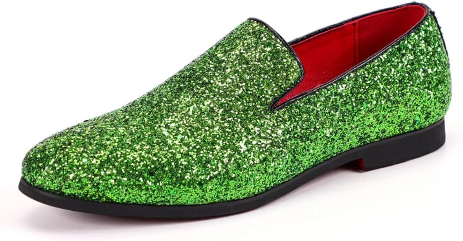 Men's Leather British Fashion Pointed Toe Sequined Loafers,Metallic Luxury Texture Slip-On Glitter Fashion Casual Dress Shoes