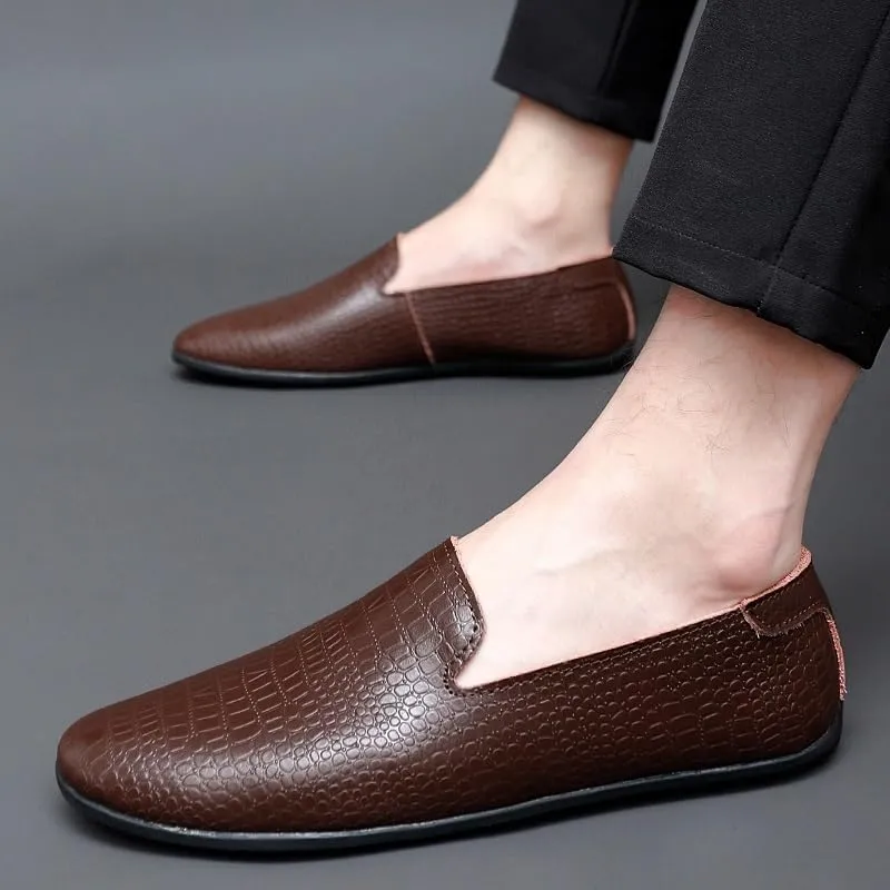 Men's Leather Loafers Round Toe PU Driving Moccasins Shoes Crocodile Print Smoking Loafers Anti-Slip Resistant Lightweight Comfortable Casual Slip-On