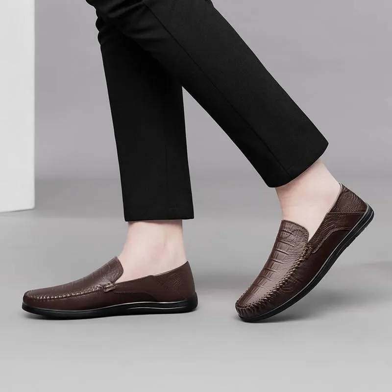 Men's Loafers Round Toe Leather Crocodile Print Loafer Shoes Lightweight Comfortable Anti-Slip Outdoor Slip-on