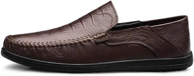 Men's Loafers Round Toe Leather Crocodile Print Loafer Shoes Lightweight Comfortable Anti-Slip Outdoor Slip-on