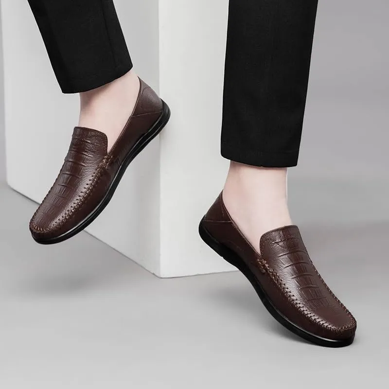 Men's Loafers Round Toe Leather Crocodile Print Loafer Shoes Lightweight Comfortable Anti-Slip Outdoor Slip-on