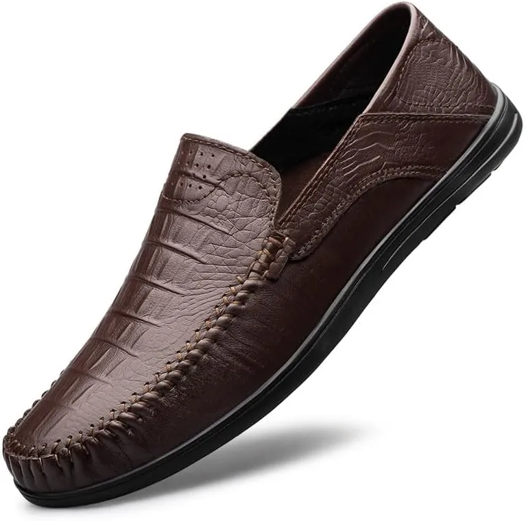 Men's Loafers Round Toe Leather Crocodile Print Loafer Shoes Lightweight Comfortable Anti-Slip Outdoor Slip-on