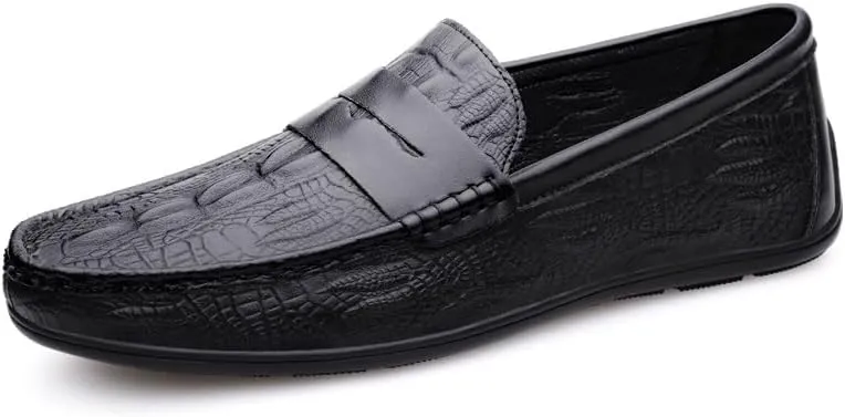 Mens Loafers Round Toe Vegan Leather Crocodile Print Penny Loafers Lightweight Anti-Slip Comfortable Wedding Slip-ons