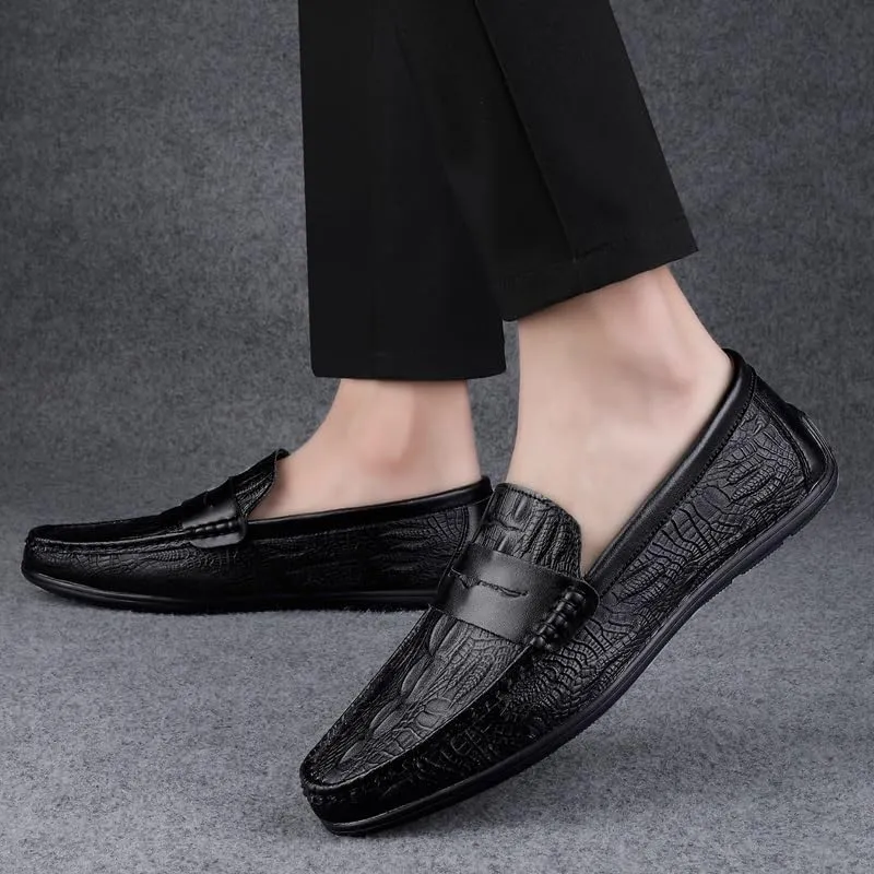 Mens Loafers Round Toe Vegan Leather Crocodile Print Penny Loafers Lightweight Anti-Slip Comfortable Wedding Slip-ons