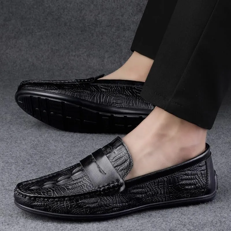 Mens Loafers Round Toe Vegan Leather Crocodile Print Penny Loafers Lightweight Anti-Slip Comfortable Wedding Slip-ons