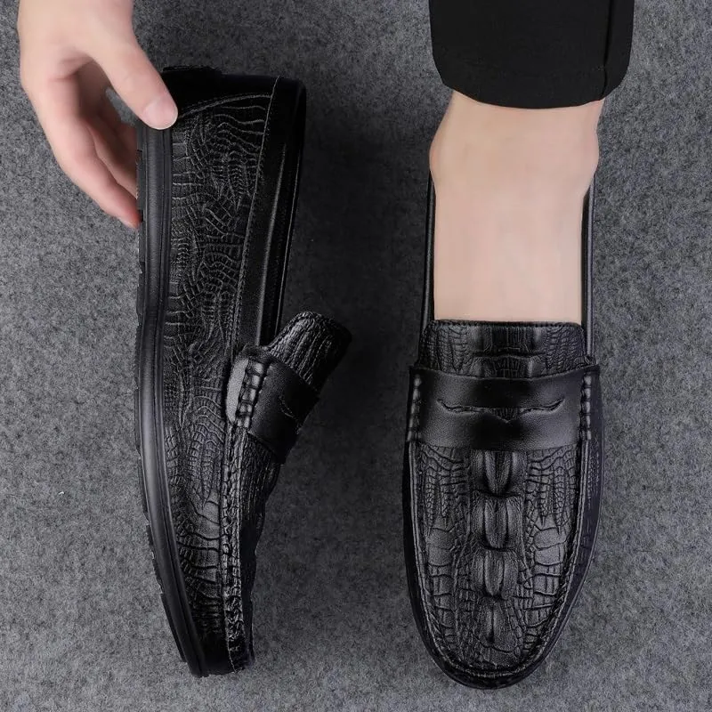 Mens Loafers Round Toe Vegan Leather Crocodile Print Penny Loafers Lightweight Anti-Slip Comfortable Wedding Slip-ons
