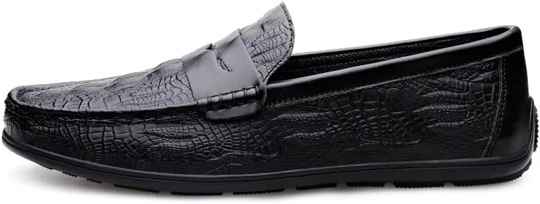 Mens Loafers Round Toe Vegan Leather Crocodile Print Penny Loafers Lightweight Anti-Slip Comfortable Wedding Slip-ons