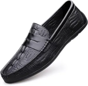Mens Loafers Round Toe Vegan Leather Crocodile Print Penny Loafers Lightweight Anti-Slip Comfortable Wedding Slip-ons