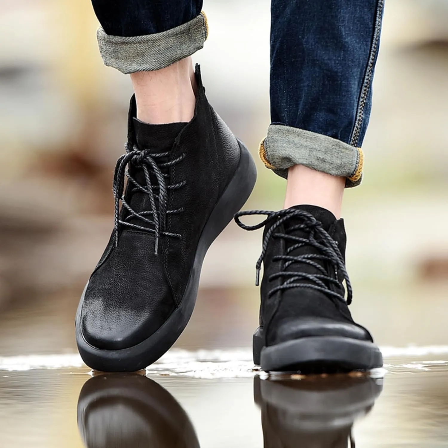 Mens Mid-Top Lace-Up Leather Chukka Ankle Boots Casual Comfortable Round Toe Non-Slip Shoes for Walking Outdoor Hiking