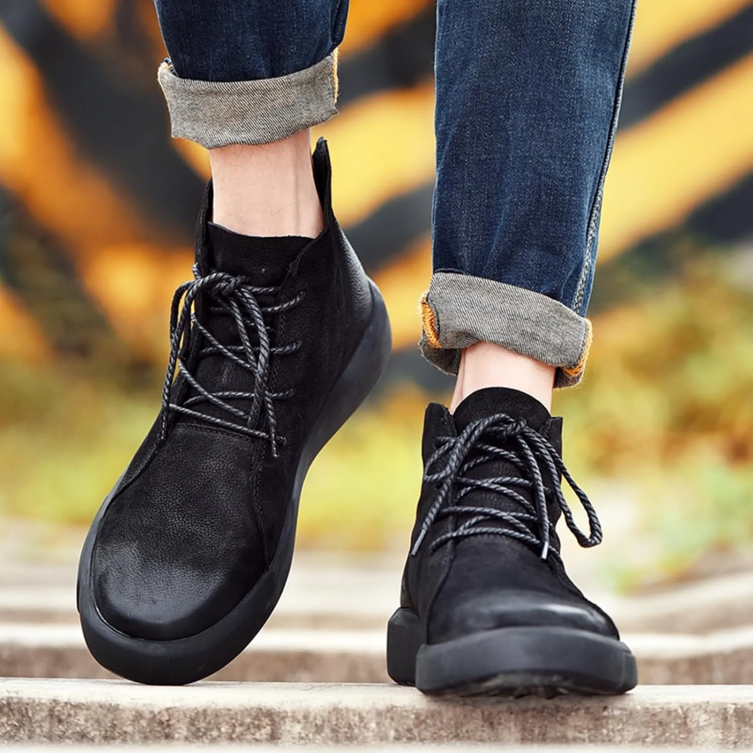 Mens Mid-Top Lace-Up Leather Chukka Ankle Boots Casual Comfortable Round Toe Non-Slip Shoes for Walking Outdoor Hiking