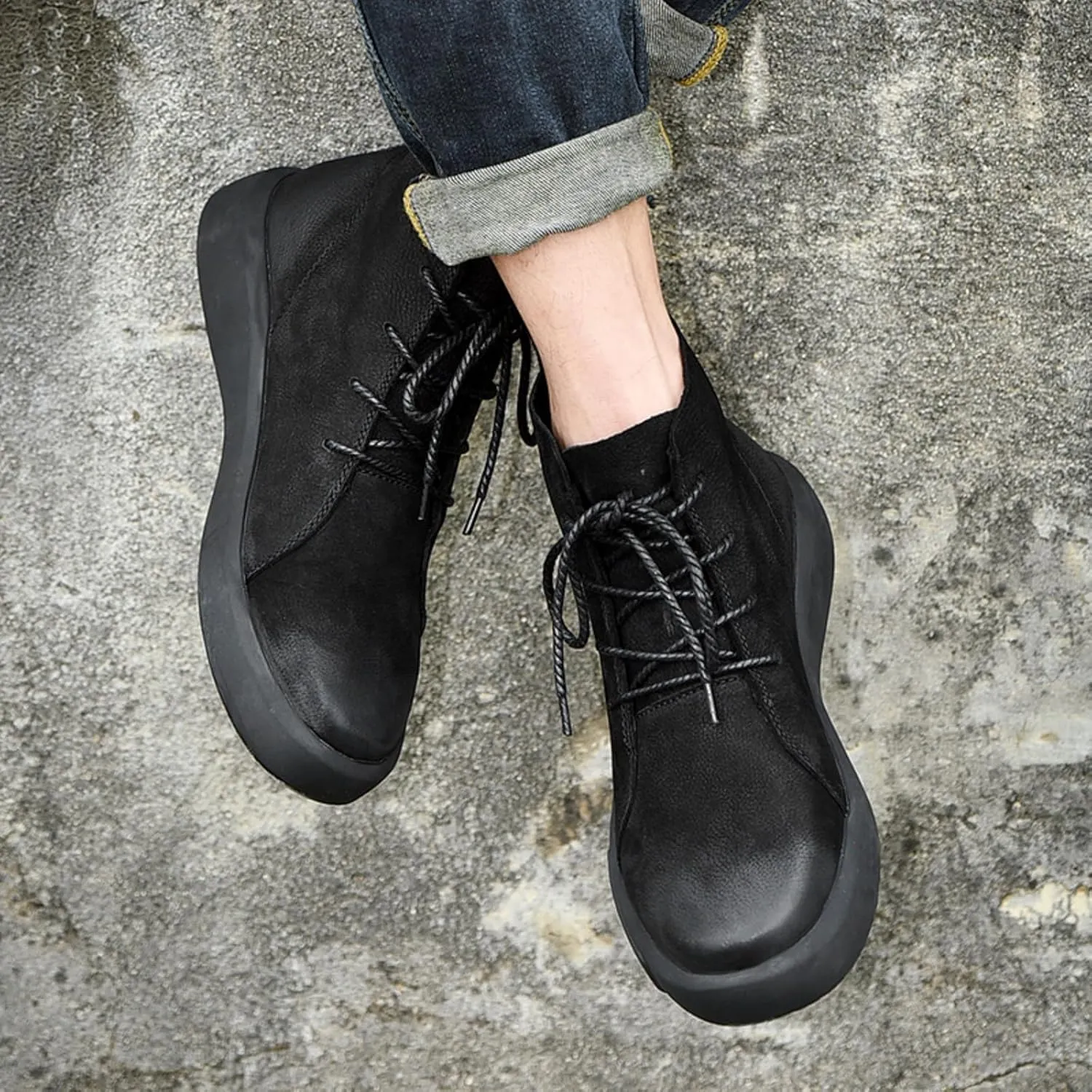Mens Mid-Top Lace-Up Leather Chukka Ankle Boots Casual Comfortable Round Toe Non-Slip Shoes for Walking Outdoor Hiking
