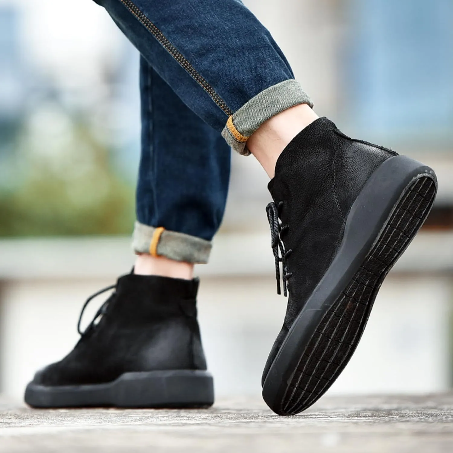 Mens Mid-Top Lace-Up Leather Chukka Ankle Boots Casual Comfortable Round Toe Non-Slip Shoes for Walking Outdoor Hiking
