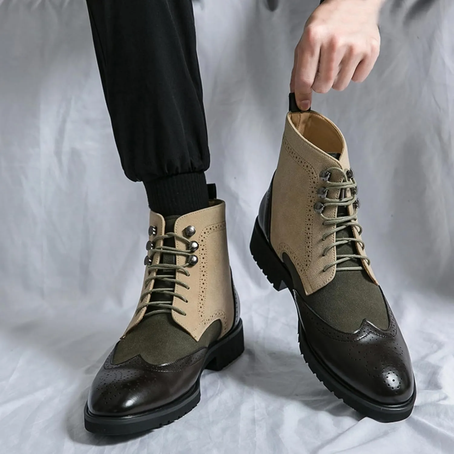Mens Retro Brogue Multicolor Leather Lace-Up Wingtip Chukka Ankle Boots High-Top Non-Slip Casual Shoes for Work Office Dress Outdoor