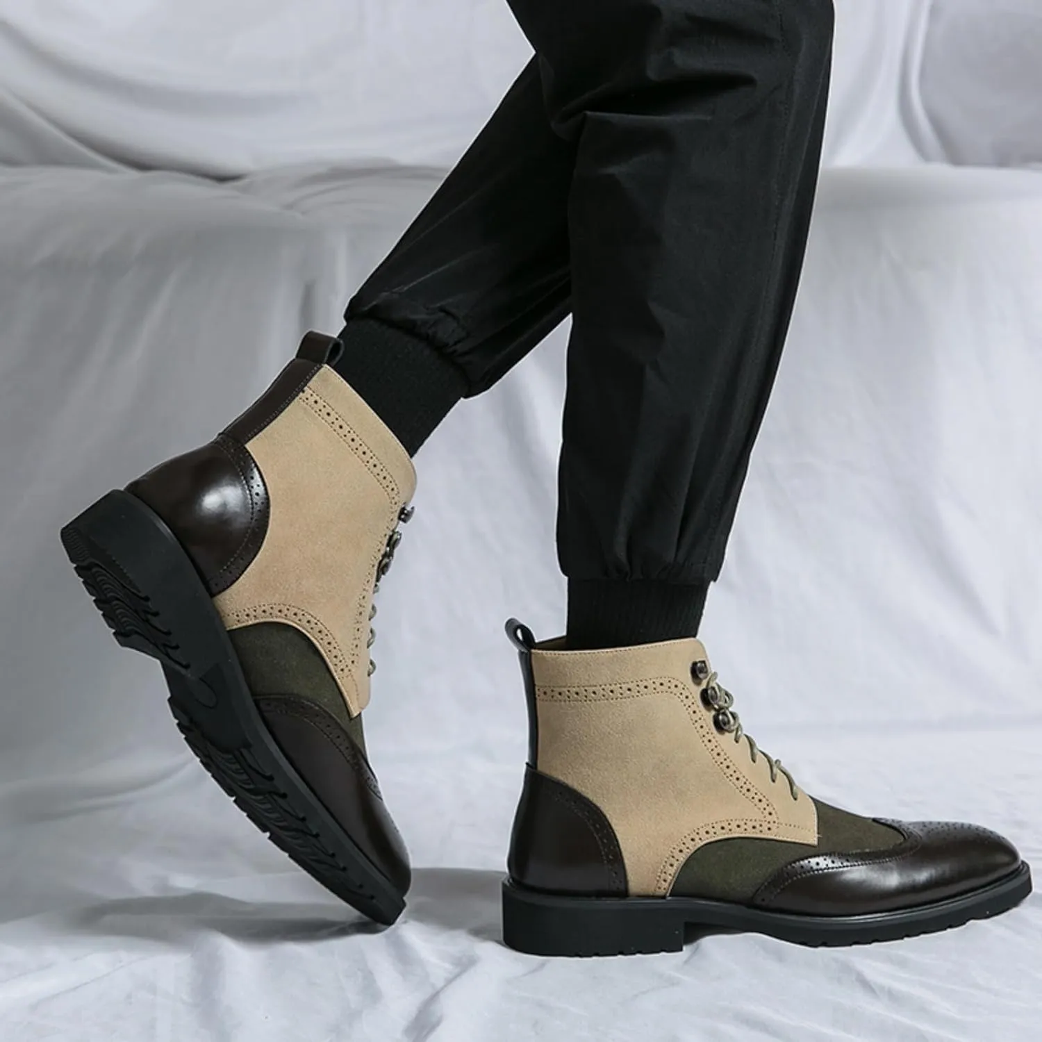 Mens Retro Brogue Multicolor Leather Lace-Up Wingtip Chukka Ankle Boots High-Top Non-Slip Casual Shoes for Work Office Dress Outdoor