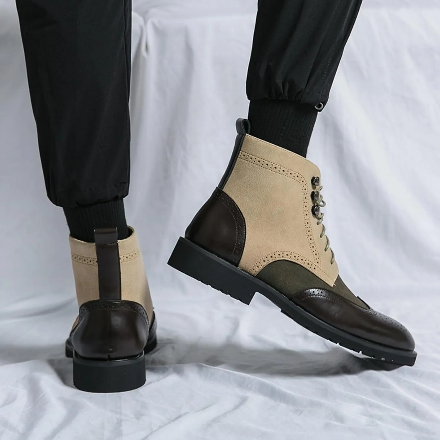 Mens Retro Brogue Multicolor Leather Lace-Up Wingtip Chukka Ankle Boots High-Top Non-Slip Casual Shoes for Work Office Dress Outdoor