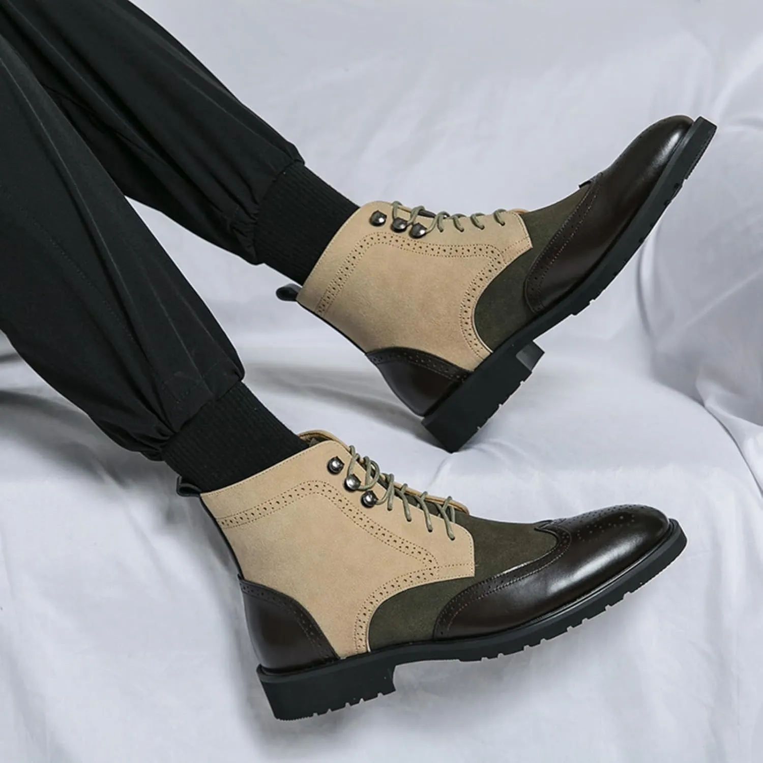 Mens Retro Brogue Multicolor Leather Lace-Up Wingtip Chukka Ankle Boots High-Top Non-Slip Casual Shoes for Work Office Dress Outdoor