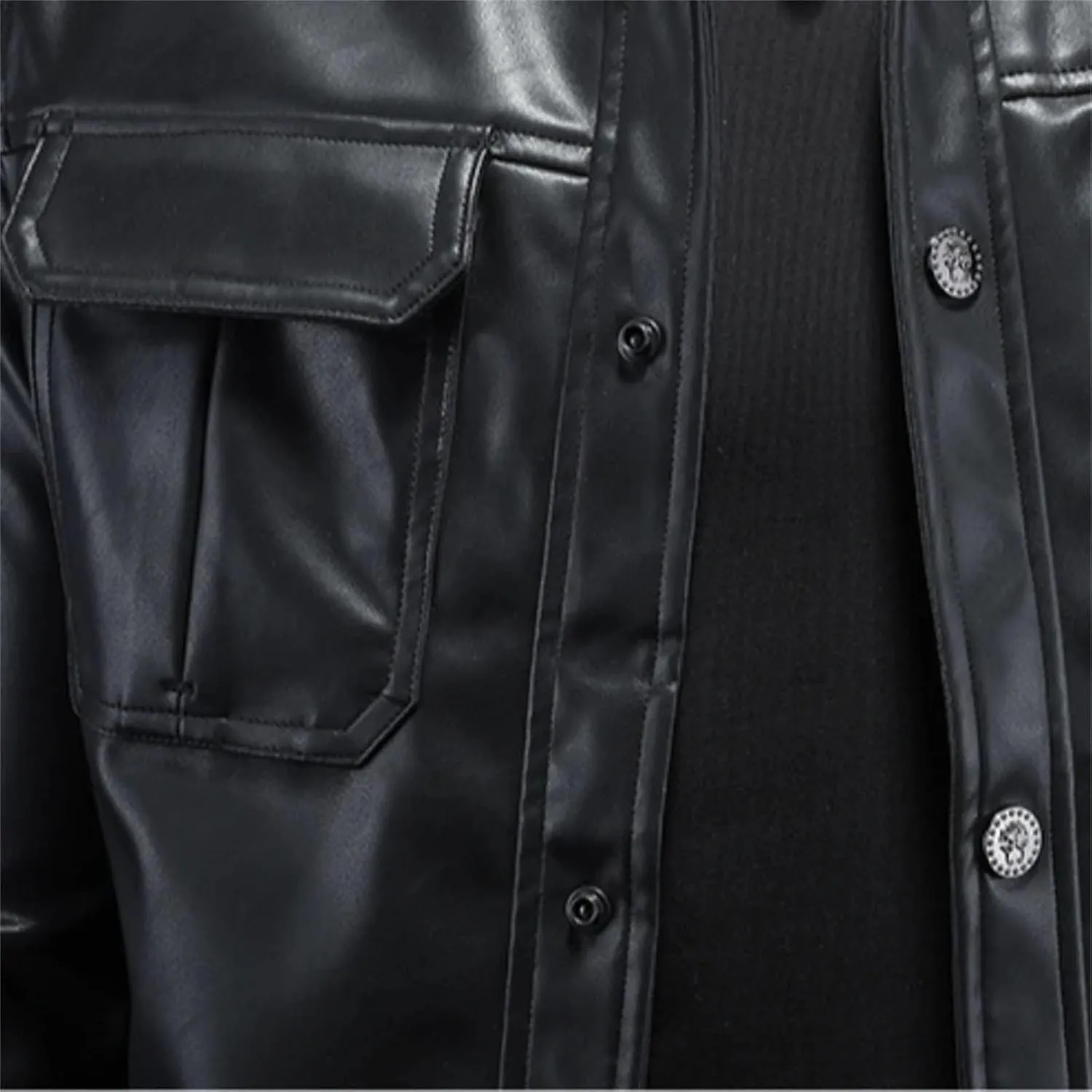 Men’s Single Breasted PU Leather Jacket Cool Weather Winter Casual Overcoat