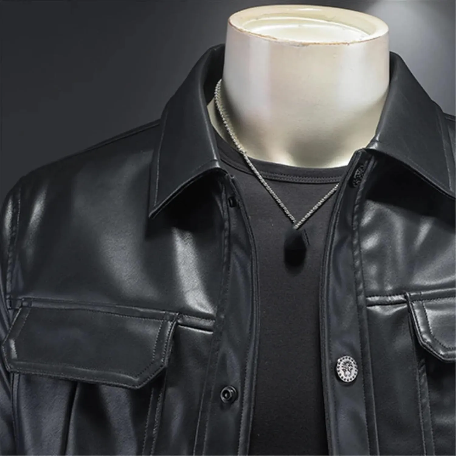Men’s Single Breasted PU Leather Jacket Cool Weather Winter Casual Overcoat