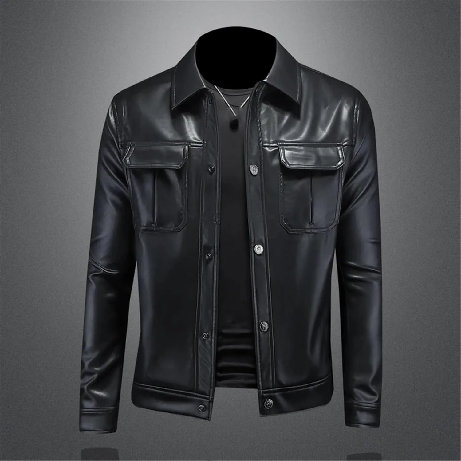 Men’s Single Breasted PU Leather Jacket Cool Weather Winter Casual Overcoat