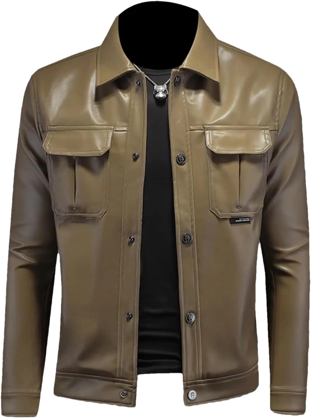 Men’s Single Breasted PU Leather Jacket Cool Weather Winter Casual Overcoat