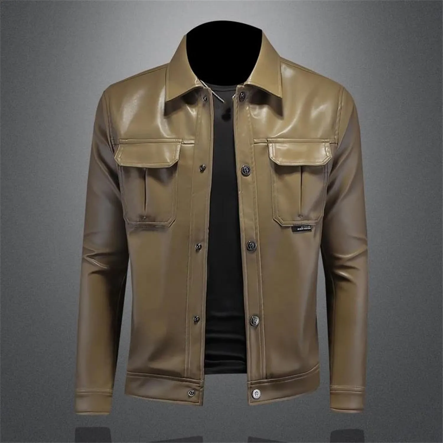 Men’s Single Breasted PU Leather Jacket Cool Weather Winter Casual Overcoat