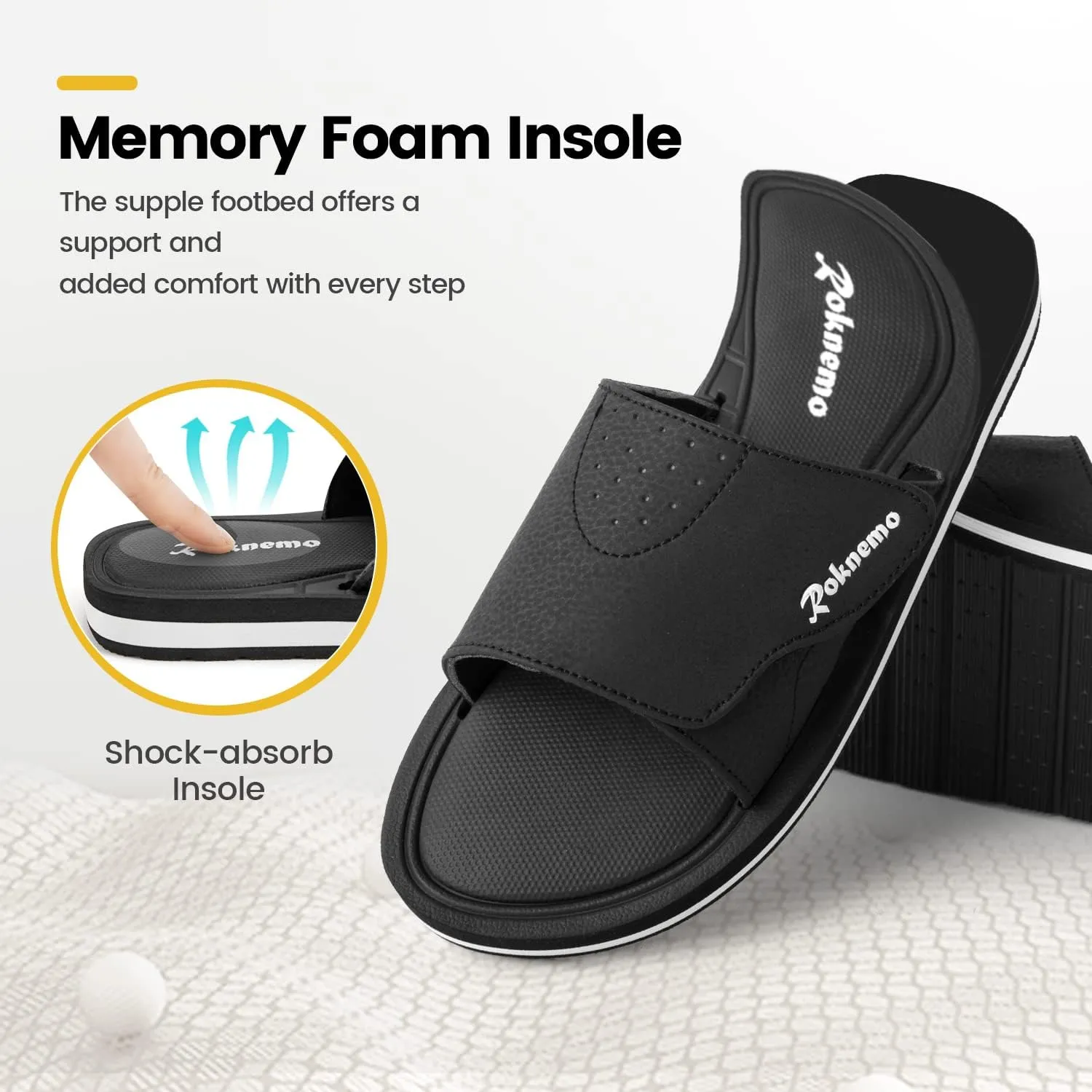 Mens Slide Sandals Adjustable Athletic Casual Comfort Lightweight Open Toe Slides Sport Sandals with Memory Foam Soft Cushion Footbed