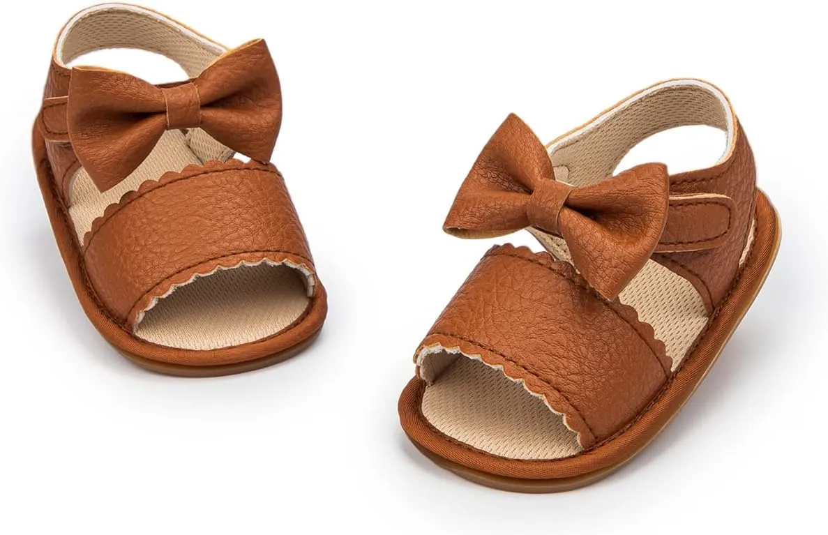 Miamooi Infant Baby Girls Boys Sandals Summer Bowknot Crib Shoes Toddler Pu Leather Flower Soft Rubber Sole Dress Flats First Walker Shoes
